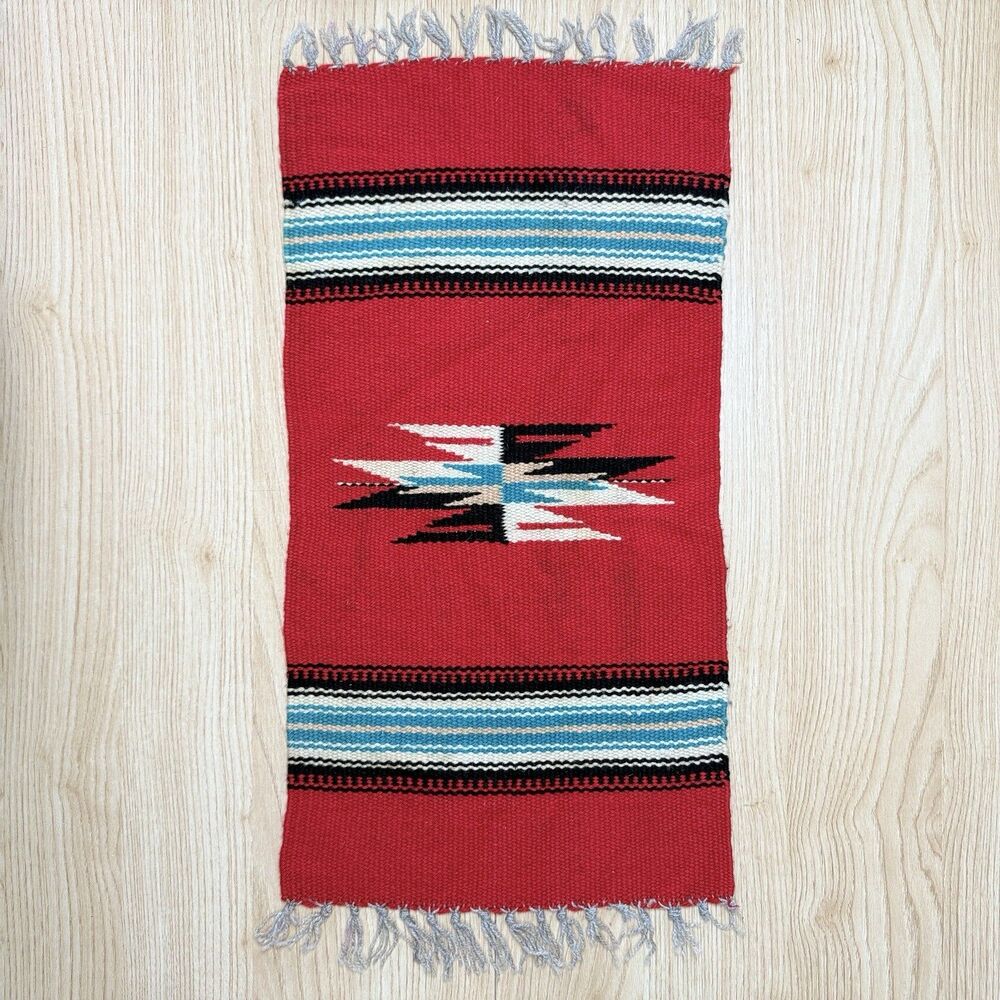 Vintage Chimayo Red Wool Rug 22" x 10" Handwoven Southwestern Native Aztec Decor